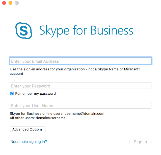 skype for business mac unable to login